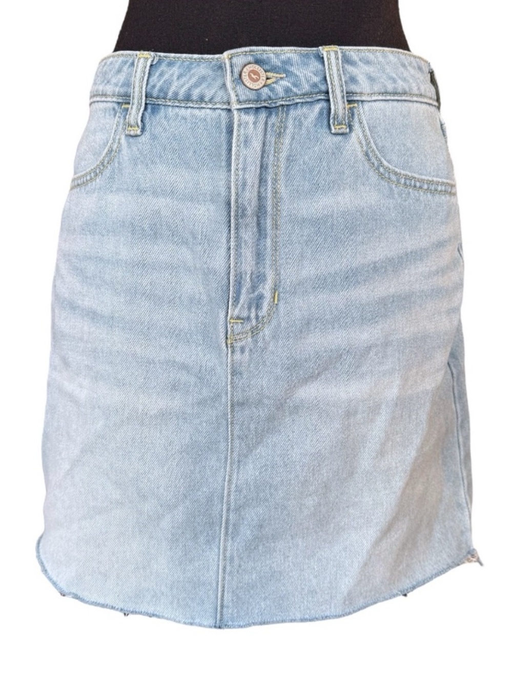 Hollister Ultra High Rise Light Wash Distressed Raw Hem Denim Skirt, Size 7, W28